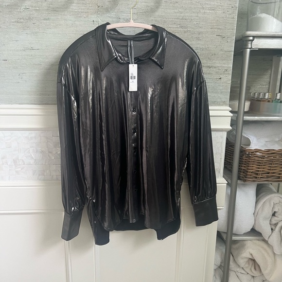 NWT new SP small petite Anthropologie shine button down shirt carbon gunmetal - Picture 3 of 17